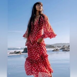 Billabong Time After Time Tiered Maxi Dress Small Red Floral Flowy Beach RenFest